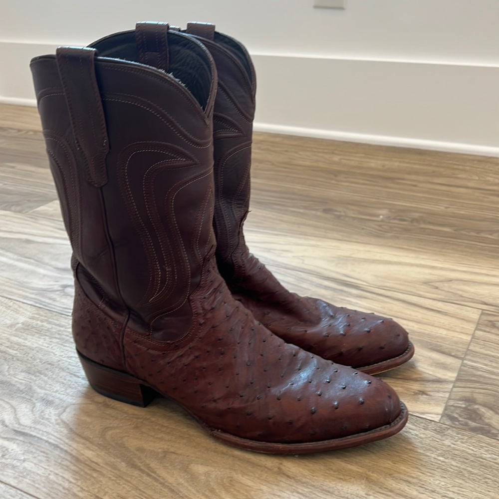 TECOVAS THE WYATT MAHOGANY OSTRICH COWBOY BOOTS SIZE 14 D